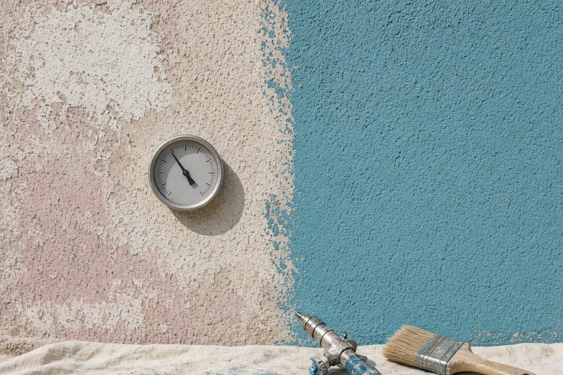 Illustration of sun-faded stucco beside a freshly painted section