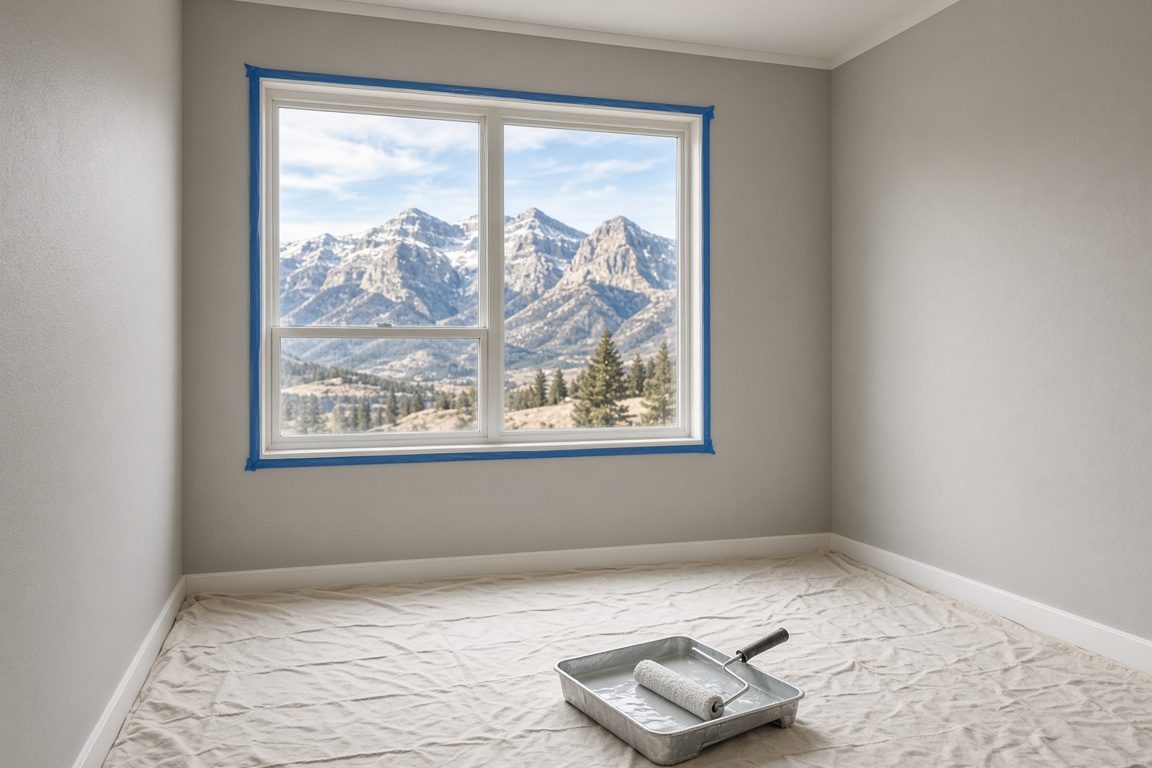 Illustration of an empty bedroom with taped window trim and a roller tray